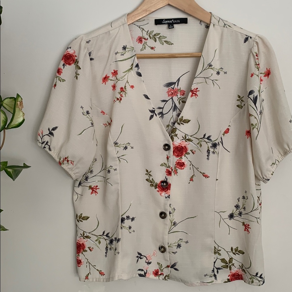 Sweet Rain Floral Blouse - Cream and Red